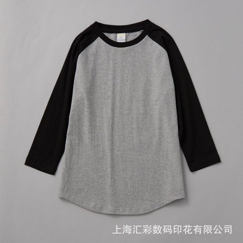 230G Raglan Seven-Point Sleeve T-Shirt Cotton Khaji Retro Oblique Shoulder Color Matching Curved Hem Two Needle Oversize - Image 1